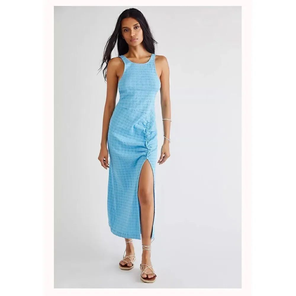 Free People Women’s Smocked Plaid Fabrication Blue Kokomo Blue Sleeveless Midi D